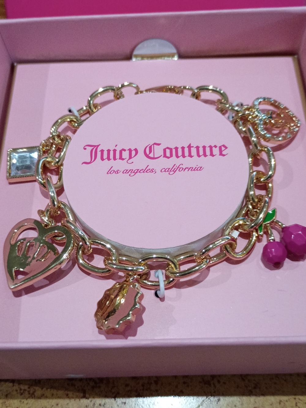 Juicy Couture Gold Charm Bracelet with Hot Pink Bead Cherries